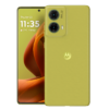 Dos Motorola G85 uno visto de frente el otro de espalda color amarillo