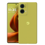 Dos Motorola G85 uno visto de frente el otro de espalda color amarillo