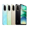 Cinco (5) Redmi A5: 1 Redmi A5 celeste, 1 Redmi A5 verde, 1 Redmi A5 rosa, 1 Redmi A5 negro y 1 Redmi A5 de frente con su pantalla encendida.