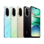 Cinco (5) Redmi A5: 1 Redmi A5 celeste, 1 Redmi A5 verde, 1 Redmi A5 rosa, 1 Redmi A5 negro y 1 Redmi A5 de frente con su pantalla encendida.