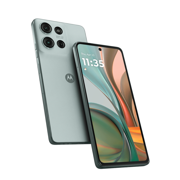 Un Motorola G75 5g verde visto de frente y un Motorola G75 5g visto de dorso